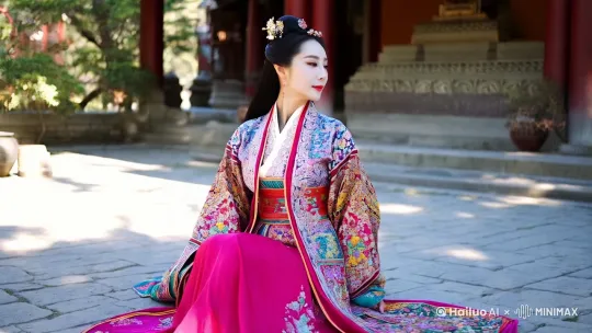 一个中国风穿着汉服坐在阳光下，侧脸很好看的美女 by Hailuo AI Video Generator