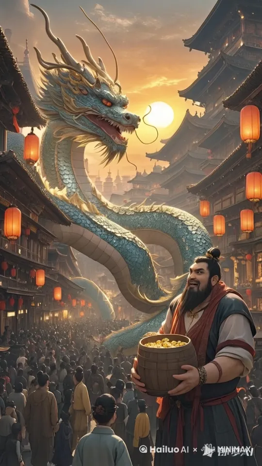 顺时针旋转镜头，移动镜头跟随，龙头摆动，龙嘴一张一合，不停的从嘴里吐金币，龙身缓缓扭动  by Hailuo AI Video Generator