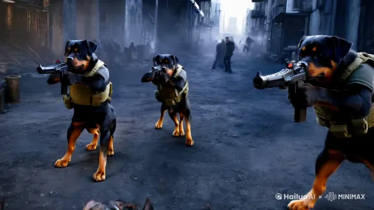 三只罗威纳犬变身特战队员，全副武装保持战斗队形，与暴徒对射，电影大片质感，3D,拟人化 by Hailuo AI Video Generator