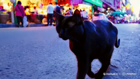 睡眼惺忪的黑猫走在热闹的大街上 by Hailuo AI Video Generator