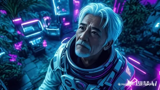 帮我生成一张图片:全景, 第一人称视角, , 电影级光照, 霓虹灯, 自然主义, 超现实主义, HDR, 色彩鲜明, 肖像精细,院子里,老者脸部有皱纹,面色苍老,坐在椅子上与另一位老者聊天,两人面对着镜头,五官清晰,近景,赛博朋克风, by Hailuo AI Video Generator