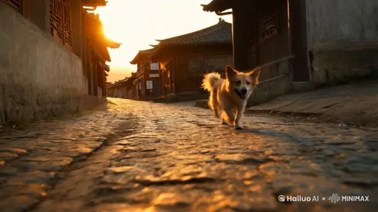 一只中华田园犬在小街小路上快乐的奔跑。后面是阳光照射在他身上。 by Hailuo AI Video Generator