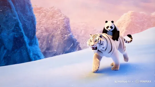 動漫  熊猫騎白老虎 長白山 下雪 远走近 奔跑 by Hailuo AI Video Generator