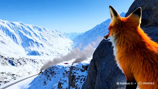 Snow-covered mountain range under clear blue sky, a red fox standing on a rocky cliff, ears perked up, looking into the distance, steam from a distant train visible on the tracks below, highly detailed, realistic fur texture, 8K resolution, photorealistic, natural lighting, cinematic composition.[右移,左摇,跟随] by Hailuo AI Video Generator