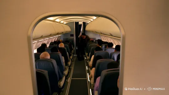 镜头由机外进入空中客车A320neo国航飞机客舱中，一男子突然变成丧尸撕咬他人，镜头拉远，空中人民警察抬手射击 by Hailuo AI Video Generator
