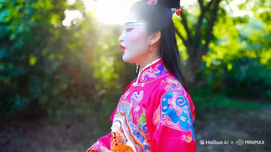 镜头拉远，一女孩，京剧装扮，真人的动作，画面真实，画面流畅，生动细节，明亮的阳光，树叶随风摆动，女性看向远处，表情变化，张嘴唱歌，深情地歌唱， by Hailuo AI Video Generator