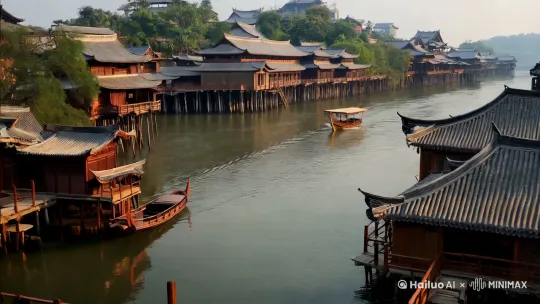 江南水乡小镇，一边是吊脚楼，另一边是亭台楼阁，中间是河流，两艘古船在河中缓缓驶来 by Hailuo AI Video Generator