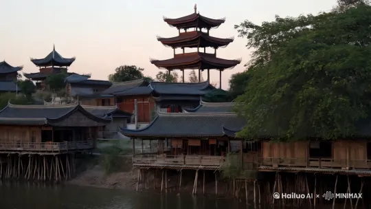 江南水乡小镇，一边是吊脚楼，另一边是亭台楼阁，中间是河流，两艘古船在河中缓缓驶来 by Hailuo AI Video Generator