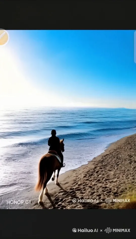 骑马奔跑在海边，镜头慢慢拉远。超高清图，电影效果，丁达尔效应。16:9 by Hailuo AI Video Generator