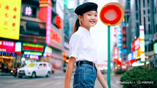 "复古民国风与现代时尚结合的写真照片，16岁的中国女孩身着白色短袖衬衫，搭配高腰牛仔裤和深色马丁靴，头戴黑色贝雷帽，单马尾轻盈地拖在身后。面带自信微笑，直视前方。画面背景是繁华的现代都市街道，霓虹灯闪烁，高楼林立。细腻的线条勾勒出人物轮廓，色彩鲜艳而和谐，展现出一种独特的时代交融美感。近景半身侧面视角，强调女孩的个性与魅力。"[右移,跟随] by Hailuo AI Video Generator