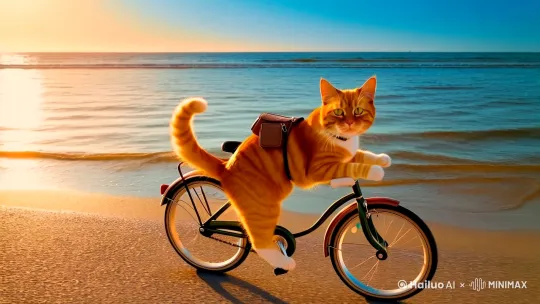 橘猫背包骑单车旅行在海边 by Hailuo AI Video Generator