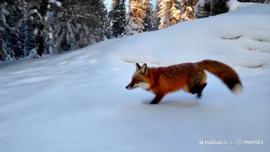 A red fox running through a snowy forest, snow falling from tree branches, a faint crack visible on a distant snow-covered slope, motion blur on the fox's legs, dynamic action shot, highly detailed fur, snowflakes in the air, 8K resolution, photorealistic, dramatic lighting, cinematic perspective. by Hailuo AI Video Generator