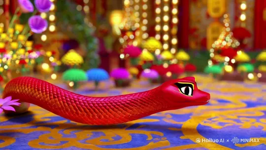 三维喜庆红色蛇，庆祝新年快乐，   by Hailuo AI Video Generator