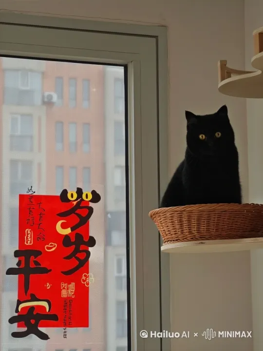 纯黑的小黑猫，眼睛黄色，在窗户旁边的猫爬架墙拉小提琴 by Hailuo AI Video Generator