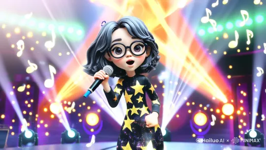 ((best quality)), (masterpiece), cartoon character, 1girl singing on stage, (dynamic pose:1.3), 
joyful expression, open mouth, holding microphone, (sparkling music notes:1.2), 
vivid color palette, (anime style:1.1), flowing hair, (stage lighting effects), 
detailed costume with star patterns, (full body view), (radiant background:1.2), 
--n realistic, photo by Hailuo AI Video Generator