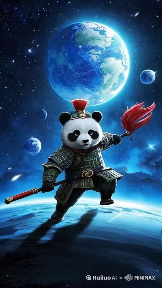图中大熊猫手拿武器挥舞，英姿飒舞。嘴里大声喊着话。脸上露出严肃的表情。背影蓝色地球在慢慢慢慢的自转着，背影有流星划过。高清画质，情节连贯不卡顿 by Hailuo AI Video Generator