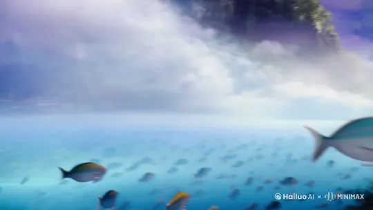 [Truck right,Pan left,Tracking shot] clouds and schools of fish, a girl inside her bathroom room,[Push in,Tilt down,Shake] big bathtub full of water birds  taking a bath, muted colours, cinematic colour grading, cluttered, trees flowers growing inside, lots of books around, Many elves ran in by Hailuo AI Video Generator