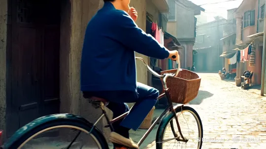陈俊南骑上自己的老旧自行车，一边吹着口哨一边经过百花深处胡同。[左移,上升]

    他绕过街头开了二十年的修鞋摊位，发现那老头今天跟昨天不太一样了。

    他不知道从哪里捡来一块平坦的木板，用刷子沾着鞋油，给自己精心制作了一块招牌。

    从今天开始他便不是人们口中的「路口补鞋的赵大爷」，改叫「修鞋赵」了。[推进,上升] by Hailuo AI Video Generator