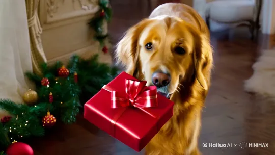 一只铁包金的金毛犬给我带来了红色包装而且系有蝴蝶结的新年礼物来了，正面看到小金毛开心的样子，好可爱啊！ by Hailuo AI Video Generator