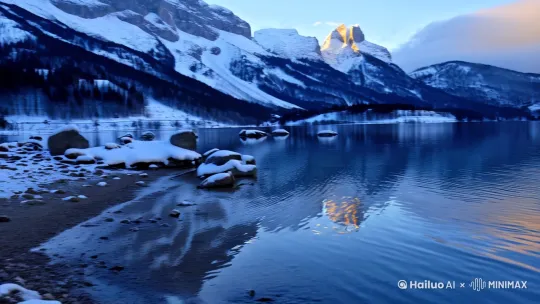 清晨的阿尔卑斯山脉湖畔，雪山倒映在镜面般的湖水中，画面采用写实摄影风格，冷色调的蓝白色光影。镜头从湖面低角度缓慢平移，掠过几块覆盖薄雪的岩石，一群候鸟从右侧飞入画面，翅膀拍动溅起细微水花，随后镜头抬升展现被朝阳染成金色的山顶，雾气在山腰缓缓流动，背景加入轻柔风声与鸟鸣音效 by Hailuo AI Video Generator