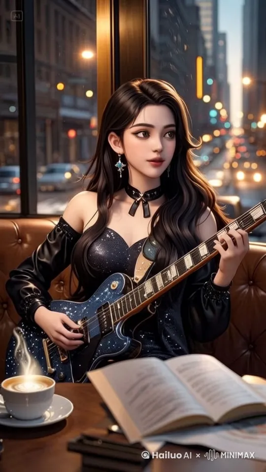 弹电吉他的美女，手指灵活的弹奏，表情专注 by Hailuo AI Video Generator
