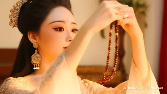美女轻轻拿起手串，仔细端详，随后缓缓戴在纤细的手腕上。 by Hailuo AI Video Generator