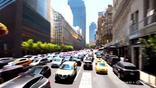 现代时尚的城市街道背景，车水马龙，空中一大团鲜花像气球一样漂浮，然后像烟花般爆炸散开，满天的花瓣倾泻而下 by Hailuo AI Video Generator