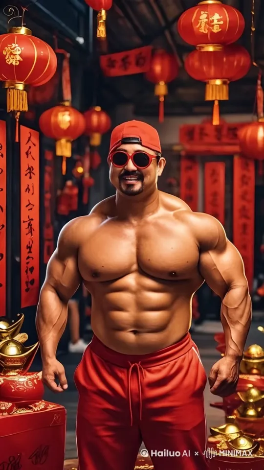 肌肉男自信微笑的伸出双手把帽子和眼镜摘掉，露出了黑色平头发型和阳刚猛男气质的憨憨温柔迷人的眼睛。动作表情自然流畅 顶级特效渲染 顶级写真电影作品 完美质量 by Hailuo AI Video Generator