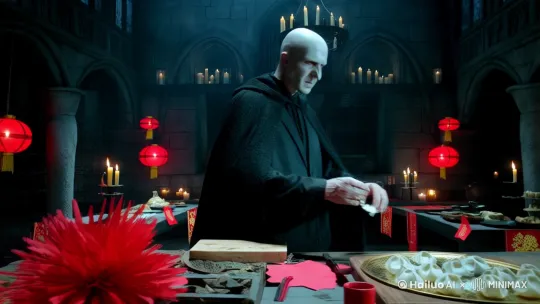 哈利波特中的伏地魔在魔法学院包饺子，背景阴森恐怖，魔法学院里却充满了春节的气氛，中美结合的反差感，营造一种特别有趣的氛围，电影的画面感，超清，大师镜头 by Hailuo AI Video Generator