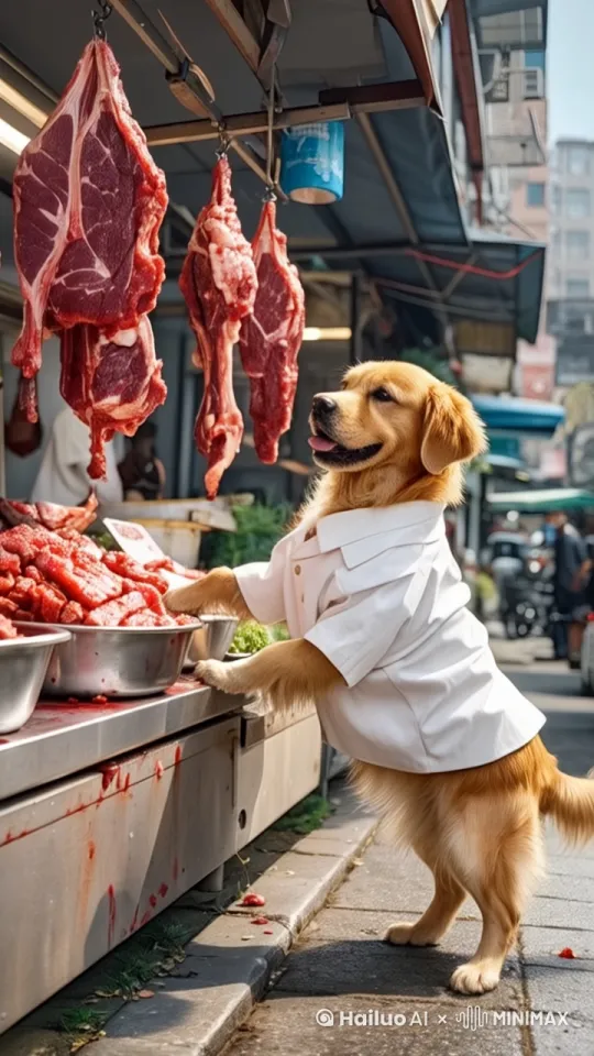 画面主体动态呈现，金毛狗正在挑选买肉，表现出认真的表情，写实风格，真实拍摄，动作自然流畅，环境光，符合逻辑,极致细节，镜头跟拍，超真实动态捕捉，不变形。清晰自然,不模糊，高质量，没有瑕疵 by Hailuo AI Video Generator