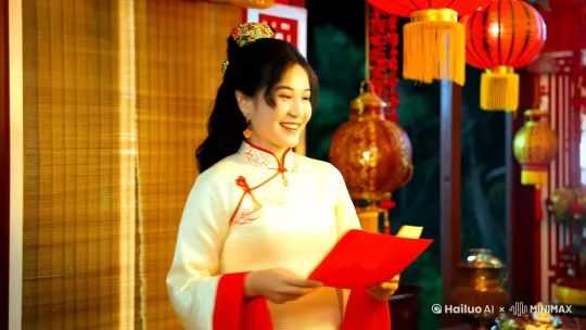 promt： 
这位女士转过头来，手里变出红包开始给大家拜年，背景氛围要有过年的感觉 by Hailuo AI Video Generator