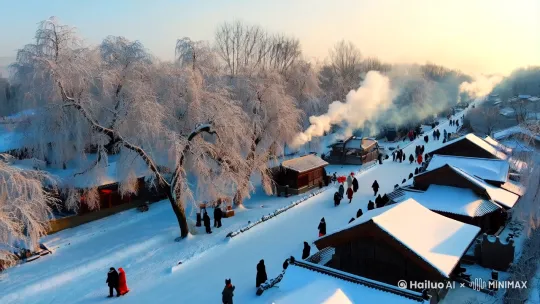 航拍，东北农村，过年喜庆，雪覆盖的街道，有树，冒烟的烟筒，行人 by Hailuo AI Video Generator