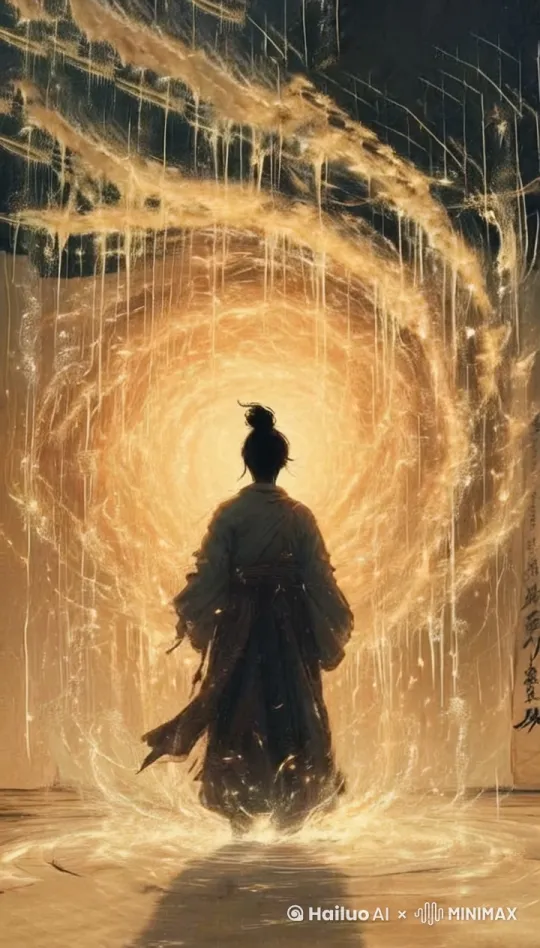 画面主体动态呈现，太极拳动作反复，道家梵文满屏动感顺时针旋转，火花四溅 by Hailuo AI Video Generator