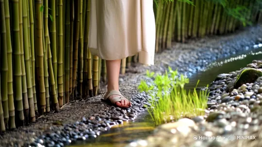 promt： 
镜头从女士脚下的小溪上摇推进平视女士[上摇][推进]，女士身处微风吹动竹叶的竹林，脚边的小溪铺满鹅卵石，女士探身去摘河边的花朵，营造了大自然与人和谐共处的感觉 by Hailuo AI Video Generator