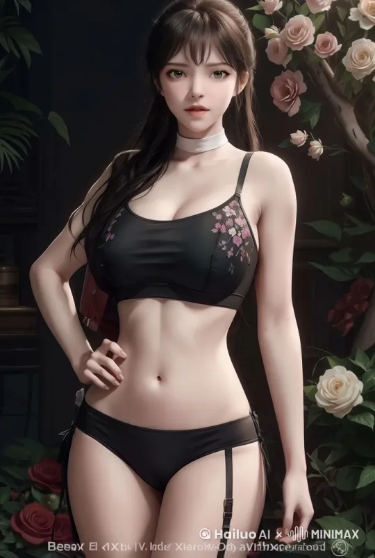 镜头对着女孩缓慢向后移动。
图片的女孩被新鲜牛奶从头部头顶开始淋，牛奶水流过女孩的头部头顶，头发，两边的额头的头发，脸部，鼻子，眼睛，嘴巴，脖子，左肩膀，右肩膀，左手臂，右手臂，胸部，肚子，大腿。

This is a highly detailed digital artwork featuring a young woman in a sensual pose. The subject is a fair-skinned woman with long, straight, dark brown hair that cascades down her back and shoulders. She has a slender yet curvaceous physique with ample breasts, and her skin is smooth and flawless. She is dressed in a black lingerie set, consisting of a floral-printed bra that accentuates her cleavage and matching panties with a garter belt attached. A white choker necklace adorns her neck, adding a touch of elegance.

The background is a softly lit, dimly lit room with dark walls, creating a moody atmosphere. To the right, there are lush green vines with pink roses, adding a romantic and natural element to the scene. The overall color palette is predominantly dark, with the woman’s skin and lingerie standing out vividly against the muted background. The lighting is carefully placed to highlight her form, casting subtle shadows that add depth and dimension to her figure.  by Hailuo AI Video Generator
