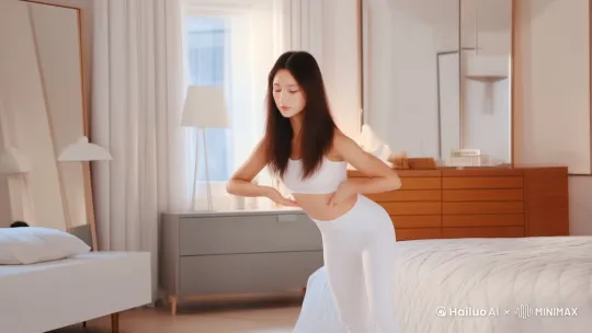 女生穿着白色的瑜伽裤，在卧室里愉快的做着瑜伽动作，柔美的灯光打在她身上，优雅而美好，镜头逐渐推进，聚焦于她的表演 by Hailuo AI Video Generator