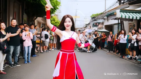 中景镜头,女子COSplay不知火舞,在热闹的大街上拿着扇子翩翩起舞,表情喜悦,周围的人鼓着掌,面带微笑,女子缓缓跳起,单脚落地,另一脚高高抬起,手中扇子从左往右划出一道完美的弧线,女子旋转落地,周围人欢呼起来,镜头逐渐推进,女子做出比心的手势, by Hailuo AI Video Generator