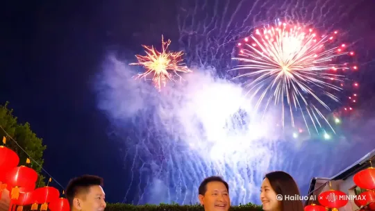 烟花绚烂映夜空，新春佳节喜融融。
事业扬帆顺风起，财富如潮满堂红。
灵蛇轻舞献祥瑞，巳岁吉祥心愿成。
全家安康乐陶陶，阖家幸福笑语盈。 by Hailuo AI Video Generator