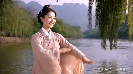 一个先秦女子，在渭水河边嬉戏打闹，满脸笑容。 by Hailuo AI Video Generator