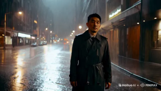 人物艺术写实摄影 亚裔男士 风衣 雨夜 城市街道 路灯 昏暗 消沉 雨湿路面物品反光效果 淋雨 幽怨 失落 中近景镜头或人物特写 氛围感 光线对比 雨丝 水雾 大师级摄影作品 8k超高清像素 by Hailuo AI Video Generator