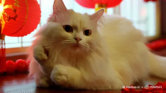 春节猫咪摆摆手拱着手向大家拜年 by Hailuo AI Video Generator