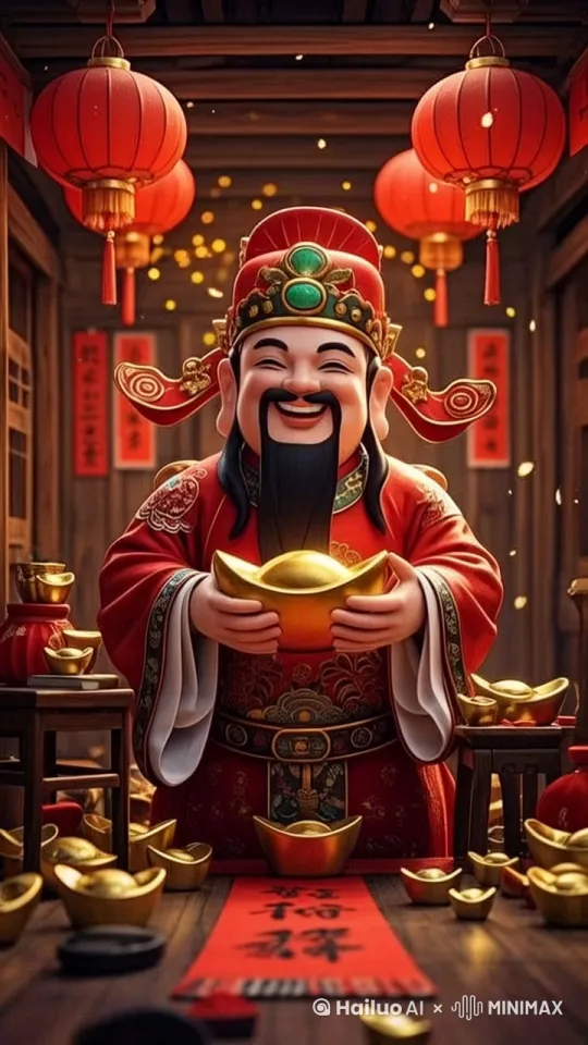 财神抱着金元宝缓慢向我走来，金元宝送到屏幕前，推进运镜，严格按照提示词生成 by Hailuo AI Video Generator