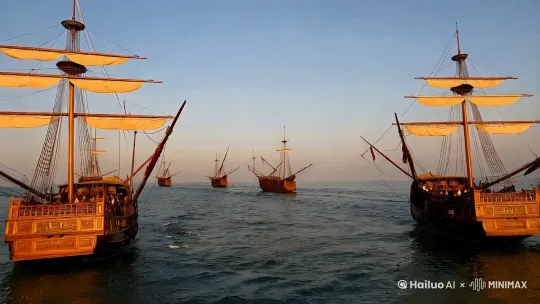 在风平浪静的海面上，航行着郑和的船队。 by Hailuo AI Video Generator