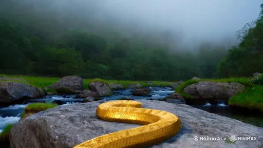 在烟雾弥漫的巨石和小溪水旁，一只可爱灵动的小金蛇，从盘起的状态慢慢立起身曲跳起迪斯科灵动欢快的舞蹈，有烟雾缭绕，电影特效，逐渐变成一个美女坐在石头上 by Hailuo AI Video Generator