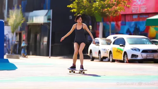 远景镜头，女子身材性感穿着运动装踩着滑板慢慢移动，做着高难度的滑板动作，双手张开，镜头逐渐拉进，最终女子摔倒在地，镜头聚焦在女子脸上，表情委屈巴巴 by Hailuo AI Video Generator