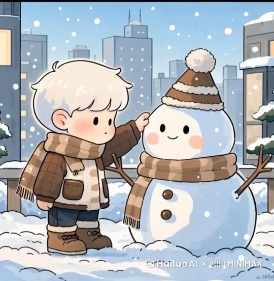小男孩用手堆雪人，哈哈大笑 by Hailuo AI Video Generator