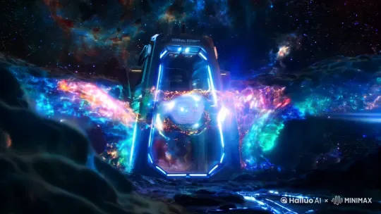 星际穿越之门，是散发着暗物质光晕与等离子体电弧的宇宙通道，交织着宇宙弦与量子能量流，引发引力畸变，作为多维空间跃迁、超光速入口与跨星系传送的未来科技跃迁装置，被星尘环绕，呈现出脉冲光矩阵与反物质屏障的虫洞界面 。 by Hailuo AI Video Generator