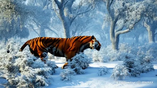 正在下大雪的森林，在森林里有一只穿梭的老虎 by Hailuo AI Video Generator