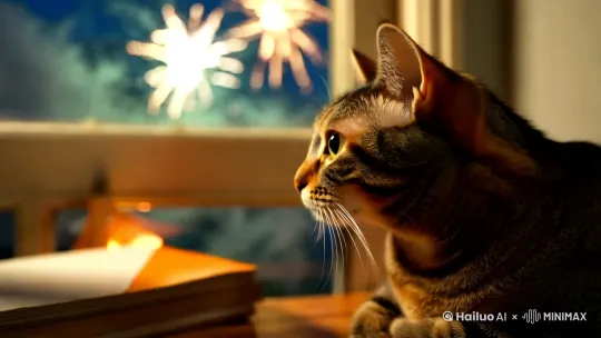 一只虎斑猫咪爬在窗户上看烟花 by Hailuo AI Video Generator