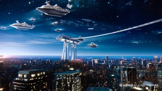 在遥远的2099年,地球与宇宙的界限被科技彻底打破。太空电梯像一条银色的丝带,从地面蜿蜒至浩瀚星空。轨道上,巨大的星际飞船闪烁着金属光泽,成群的小型飞行器穿梭其中。站在地面仰望,城市灯光与宇宙星辰交相辉映,共同勾勒出未来世界的梦幻轮廓。 by Hailuo AI Video Generator